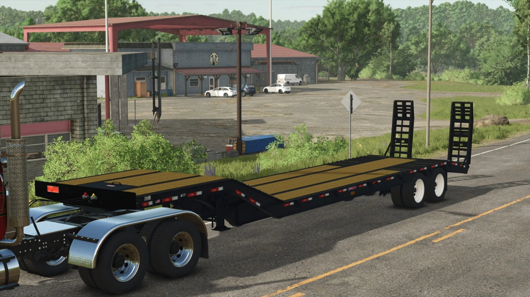 FS25 mod Pitts LB35-CS Lowboy trailer parked in a rural scene from Farming Simulator 25.