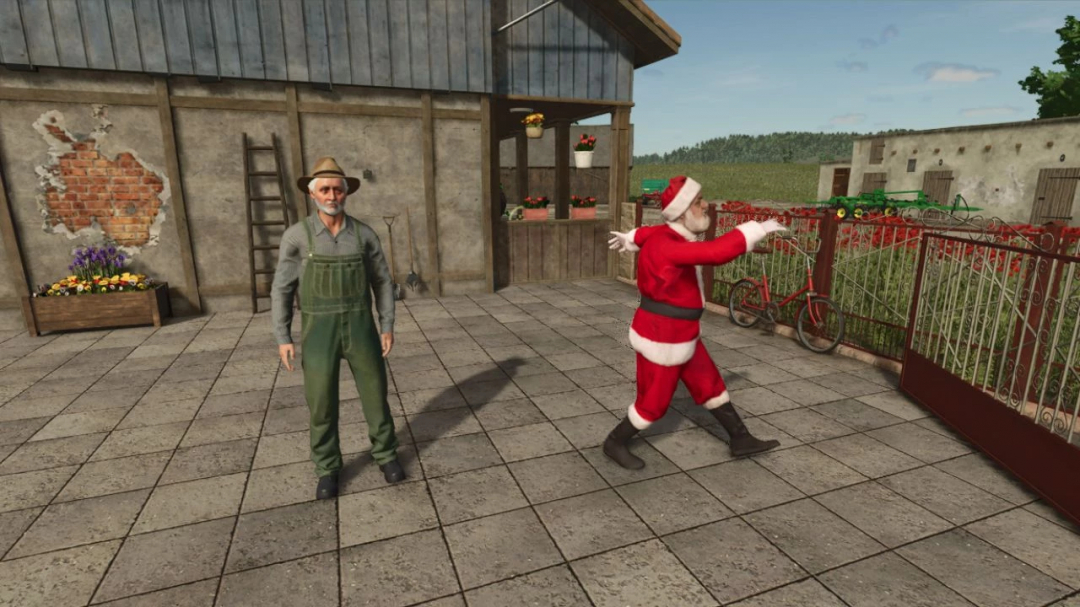 Placeable Animated Santa Claus Decoration mod in FS25 showing Santa and a farmer on a farm.