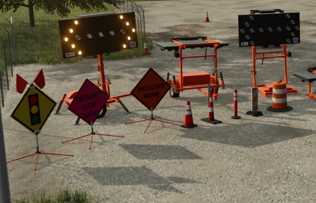 FS25 mods: Portable Construction Signs v1.0.0.0 in Farming Simulator 25. Various warning signs and traffic cones on a dirt path.