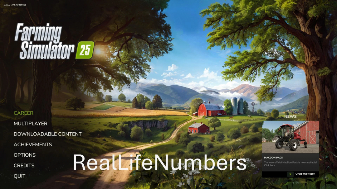 Farming Simulator 25 menu screen featuring Real Life Numbers mod v1.0.0.1, showcasing a scenic farm landscape.