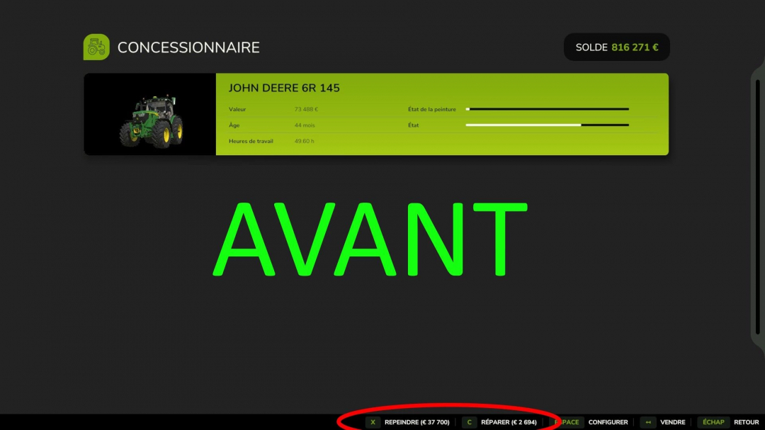 FS25 mod Reduced maintenance costs showing John Deere 6R 145 with costs before repair and repaint. Balance displayed.