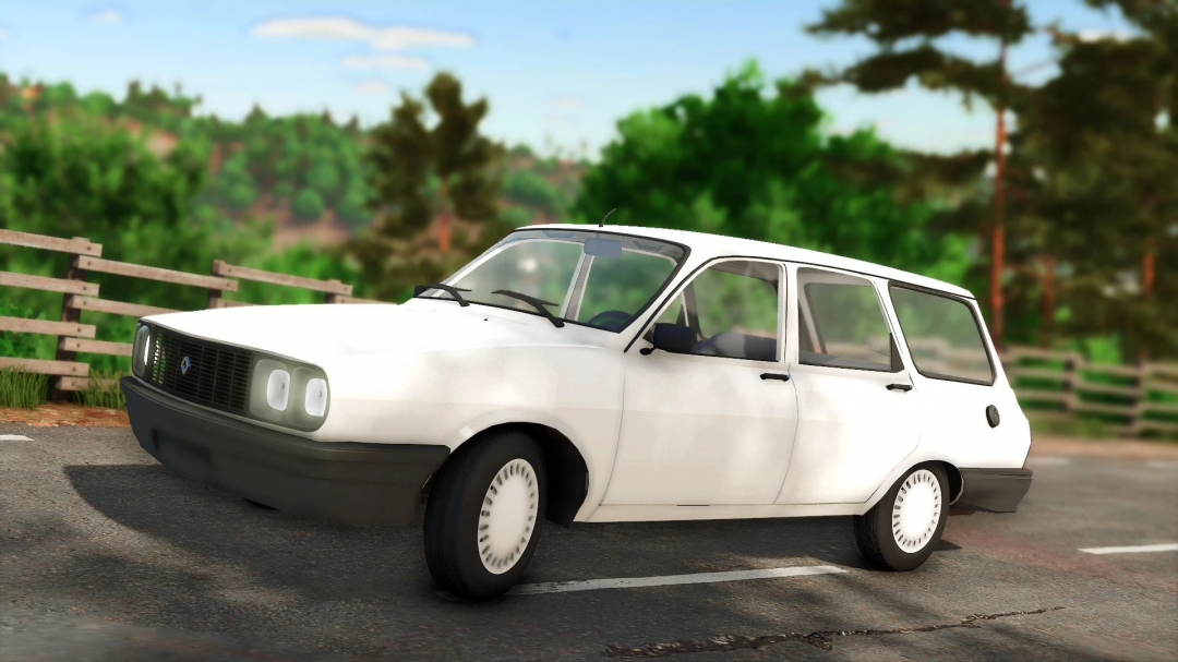 Renault 12 Toros STWG mod for FS25, featuring a classic white car on a rural road setting. Farming Simulator 25 mods.