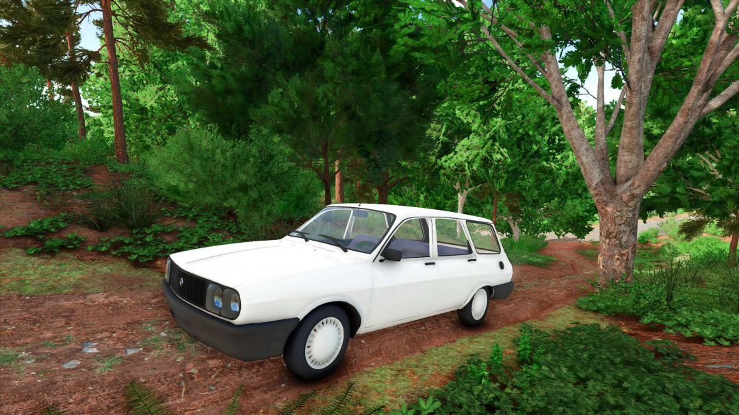 Renault 12 Toros mod in FS25, parked on a forest trail.