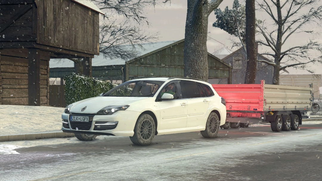 Renault Laguna III ph.2 Grandtour mod in FS25, towing a trailer in snowy village setting. Farming Simulator 25 mods.