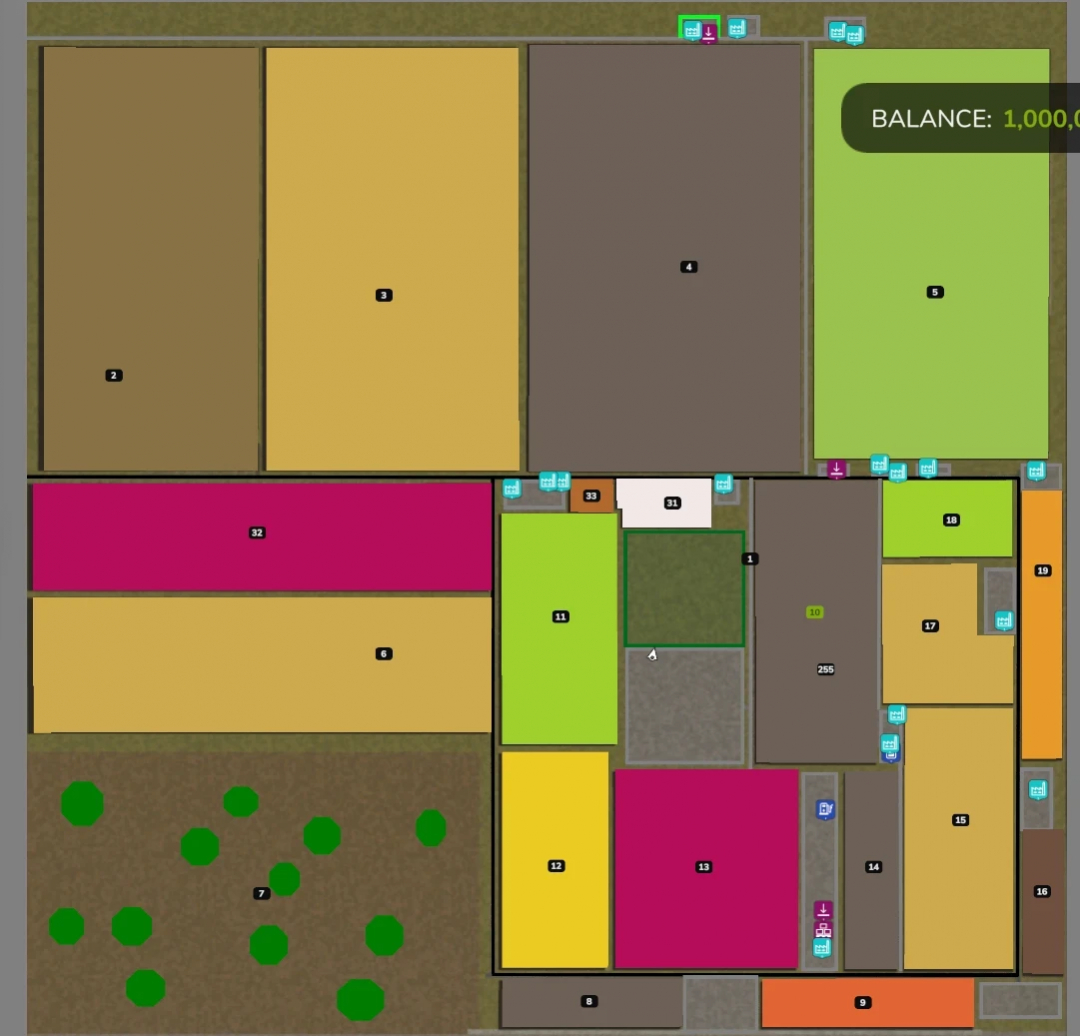 Richmond Map v2.2.0.0 for FS25 showing a detailed farm layout with various colored fields.