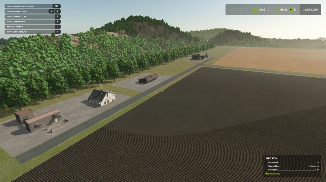 Richmond Map v2.2.0.0 for FS25 features rural landscapes with buildings, fields, and a tree-lined road.