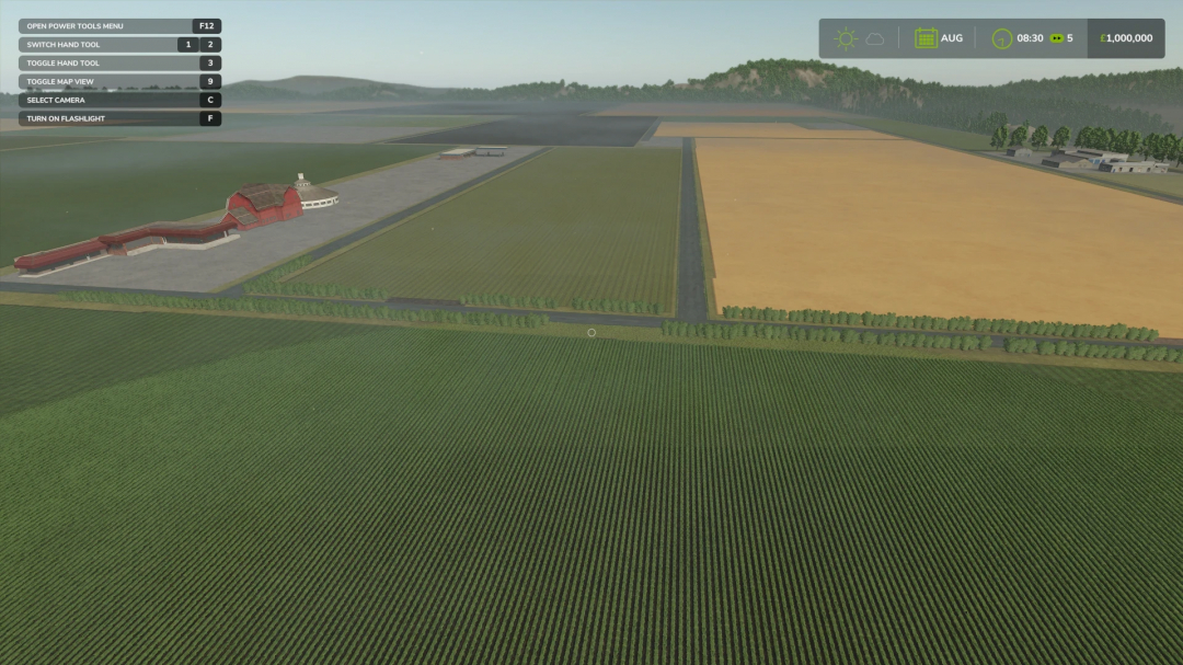 Richmond Map v2.2.0.0 in FS25 showcasing vast fields and barn. Farming Simulator 25 mods enhance gameplay with realistic landscapes.