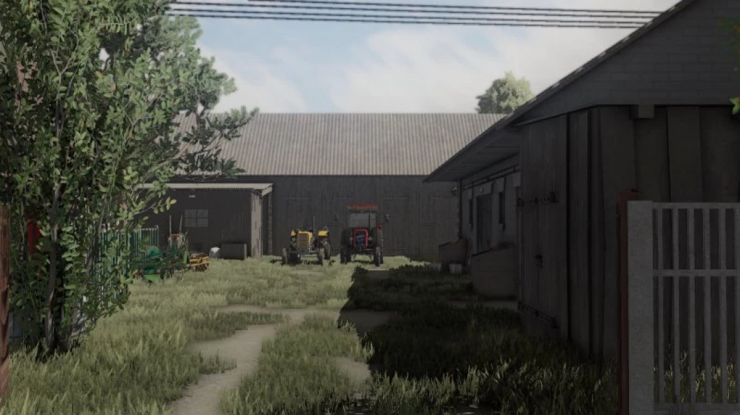 FS22 mod Savegame Szpakowo v1.0.0.1: Farmyard view with tractor and sheds in Farming Simulator 22.