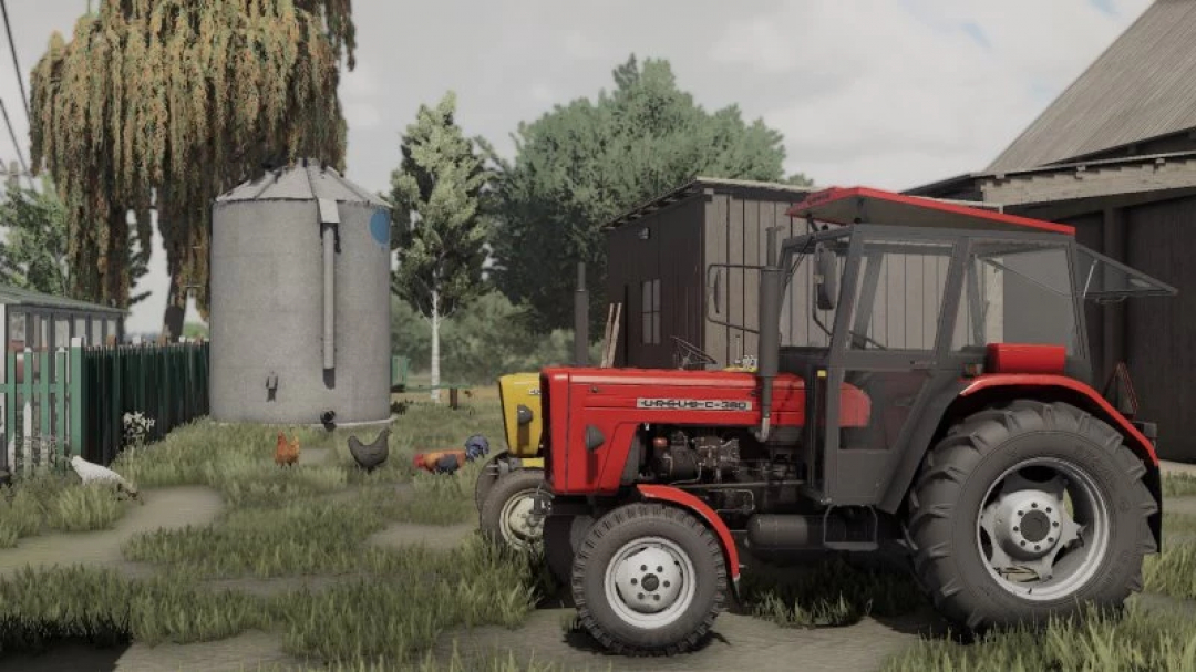 FS22 mod Savegame Szpakowo v1.0.0.1 features a farm scene with a red tractor, silo, and chickens, enhancing Farming Simulator 22 gameplay.