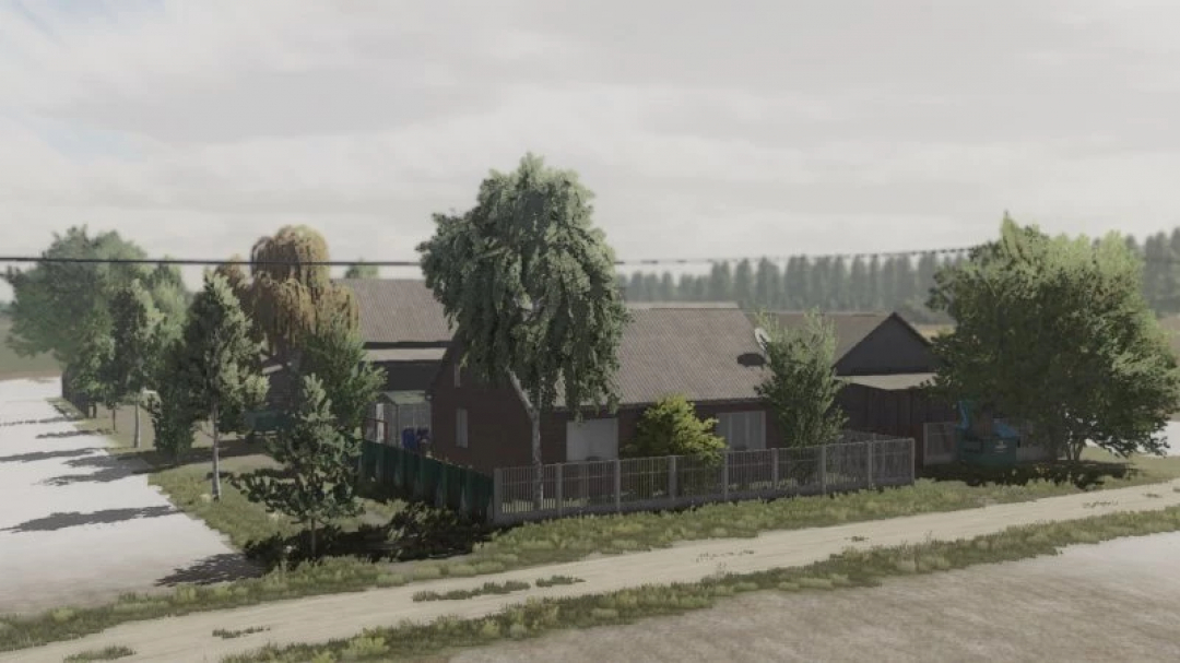 FS22 mod Savegame Szpakowo v1.0.0.1 showing a rural farm building with trees and a fence.