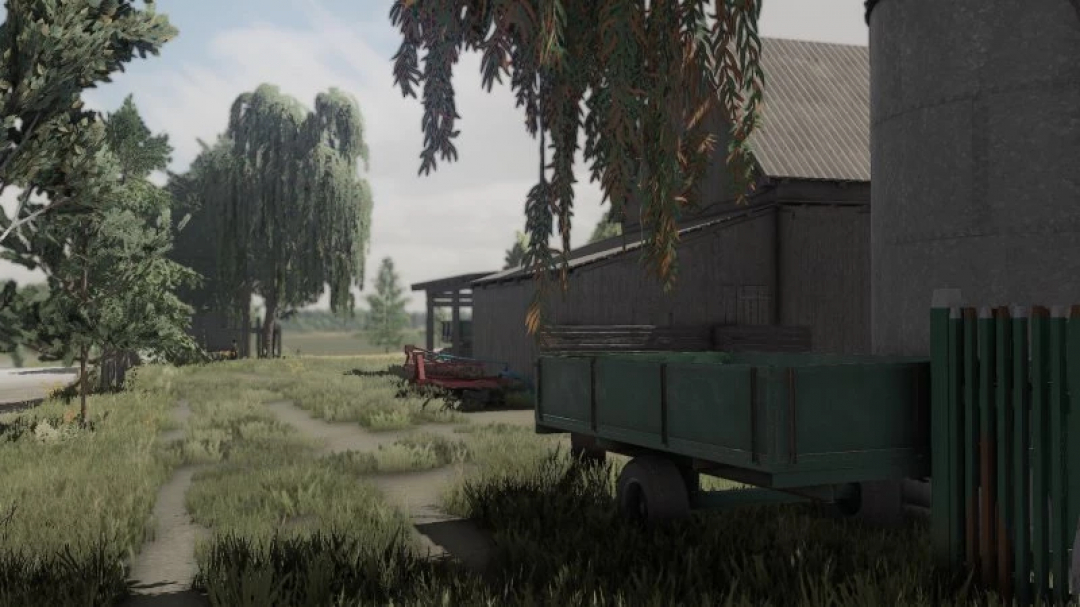 FS22 mod Savegame Szpakowo, featuring a rural farm scene with trees, a barn, and a green trailer in Farming Simulator 22.