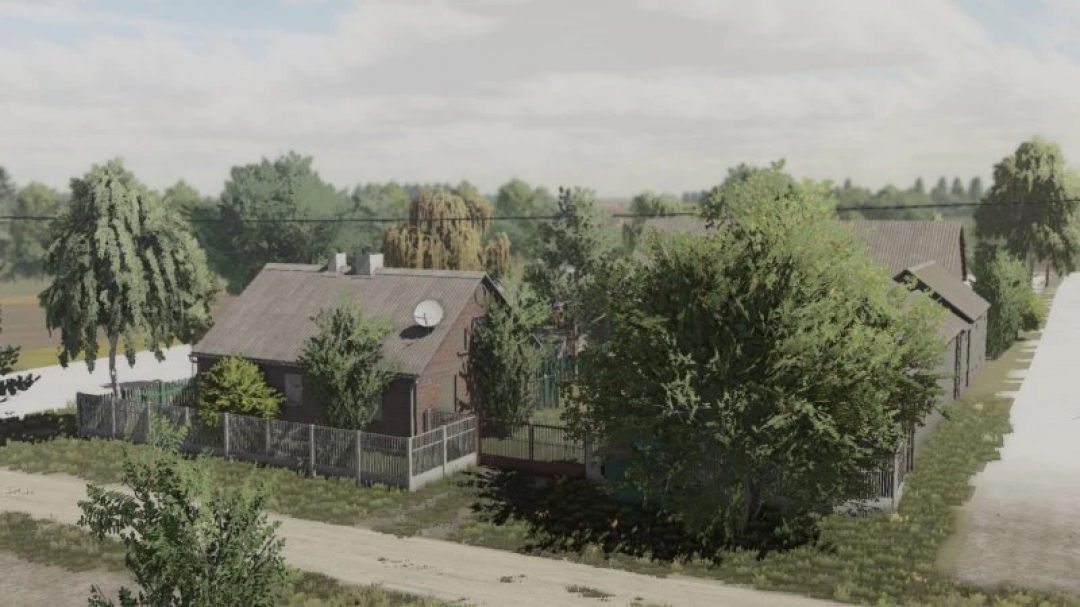 FS22 mod Savegame Szpakowo v1.0.0.1 features a rural farmhouse surrounded by trees and a fence, showcasing a peaceful countryside setting.