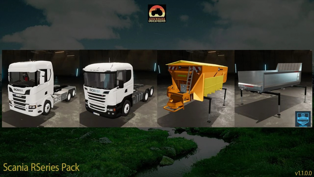 FS22 Scania R Series Pack v1.2.0.0 features trucks and trailers for Farming Simulator 22 mods.