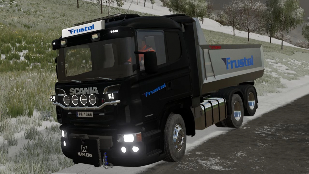 FS22 mod Scania R Series Pack v1.2.0.0 featuring a black truck with Frustol branding in a snowy landscape.