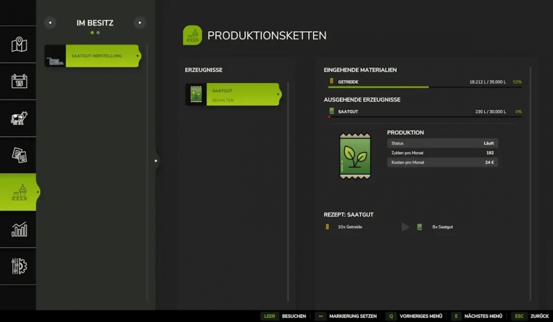 FS25 mods Seedmaster v1.1.0.0 interface showing production chain details for seed manufacturing.