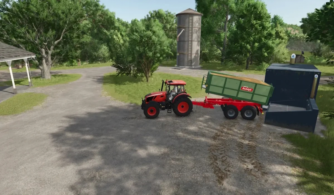 FS25 mod Seedmaster v1.1.0.0 features a tractor with a trailer loading seeds near a silo.