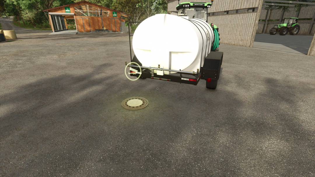 FS25 Sewage Shaft mod with tanker by sewage cover outside a barn.