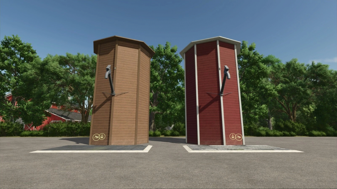 FS25 mod Silos Multi Fruit v1.0.0.0: two tall silos in a farm setting with trees, showcasing the storage feature in Farming Simulator 25.