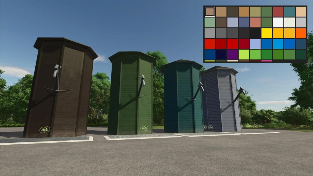 FS25 Silos Multi Fruit mod v1.0.0.0 showcasing different colored silos in Farming Simulator 25.