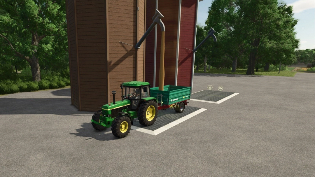 FS25 Silos Multi Fruit mod with green tractor and trailer at unloading area.