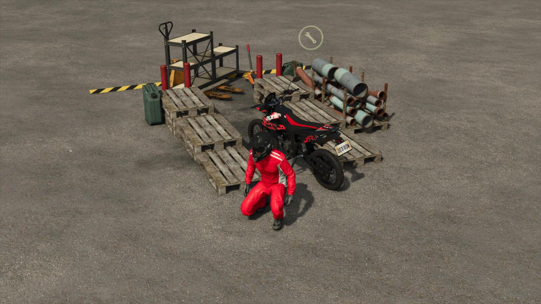 FS25 mod Simple Pallet Workshop v1.0.0.0 features pallets, motorcycle, and a person in red gear on a workshop ground.