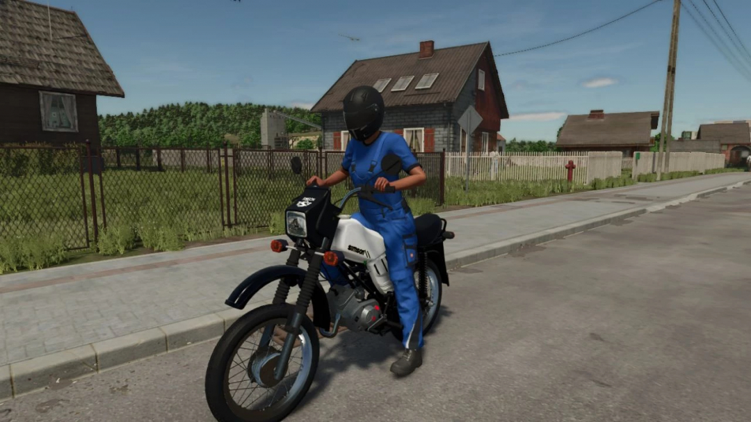 FS25 mod Simson S53 motorcycle on village road.