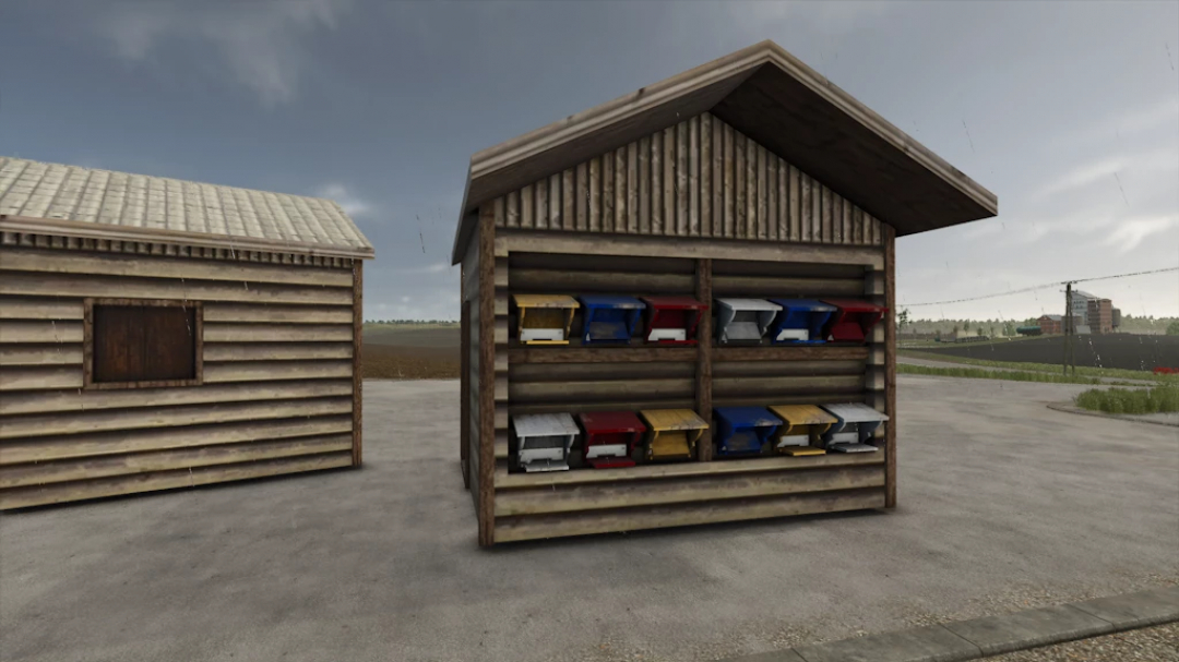 Small Bee Hive mod in FS25, featuring colorful beehives on a wooden structure in Farming Simulator 25.