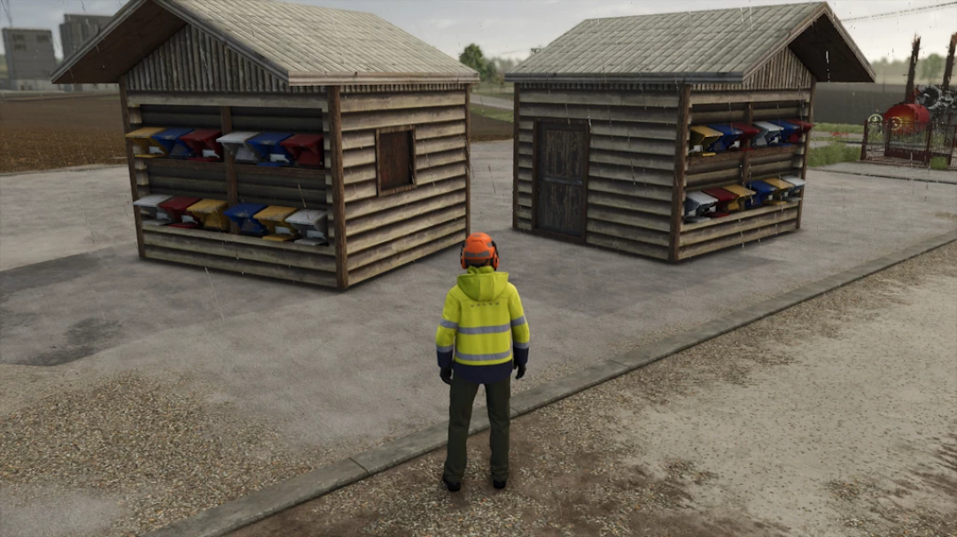 FS25 mods: Small Bee Hive v1.0.0.0 in Farming Simulator 25, featuring two wooden structures with colorful beehives.