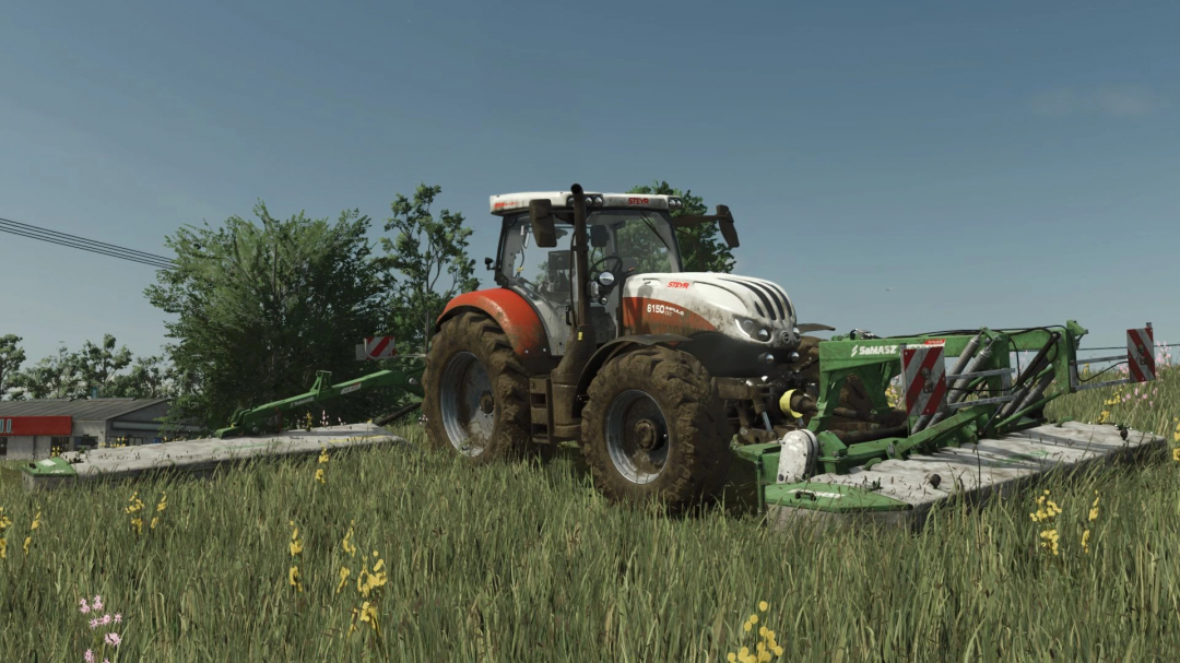 FS25 mod Steyr Impuls 6150-6175 CVT 2.Gen tractor in a grassy field.