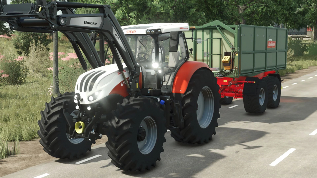 Steyr Impuls 6150-6175 CVT tractor mod in FS25 with a trailer on a rural road.