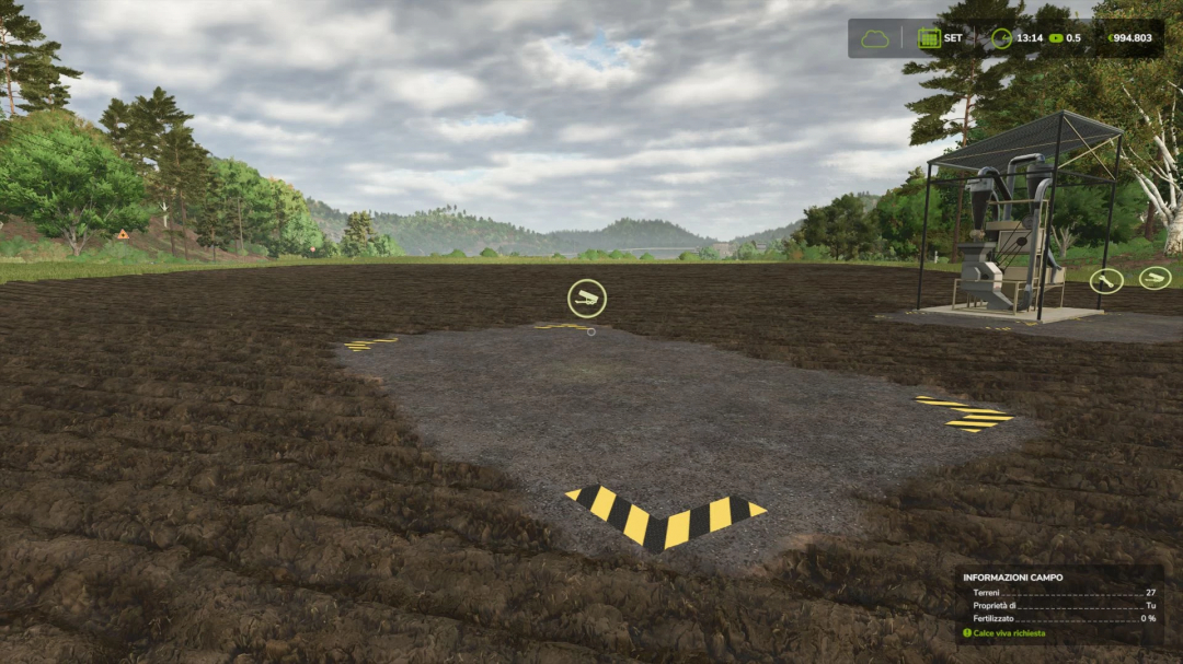 Stone Mill mod in FS25, showcasing installation in a plowed field with machinery for farming operations.