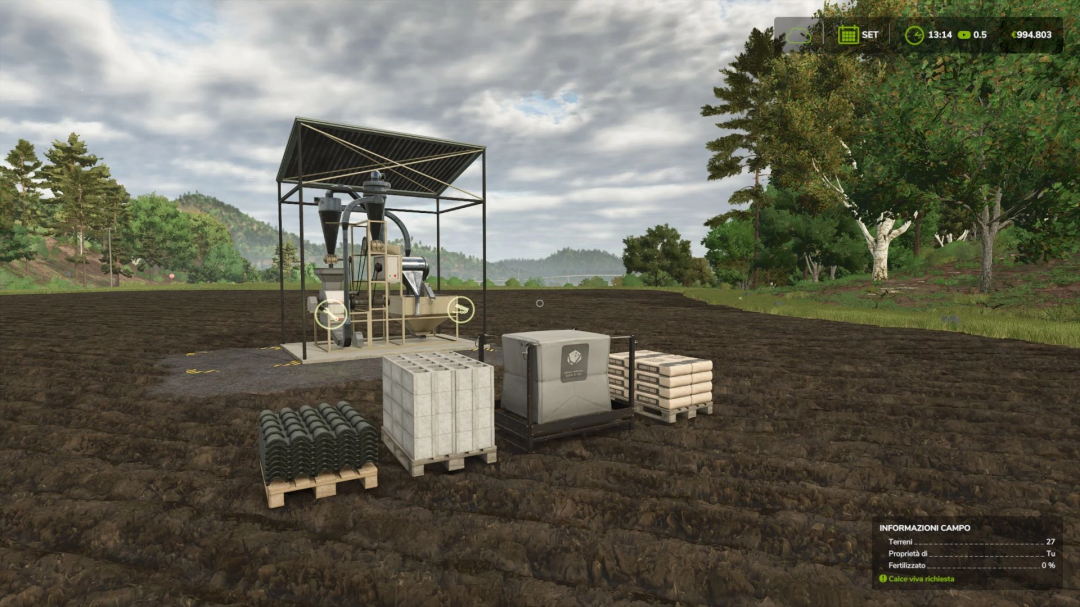 Stone Mill v1.0.0.0 mod in Farming Simulator 25, featuring machinery and supplies on a plowed field with trees in the background.