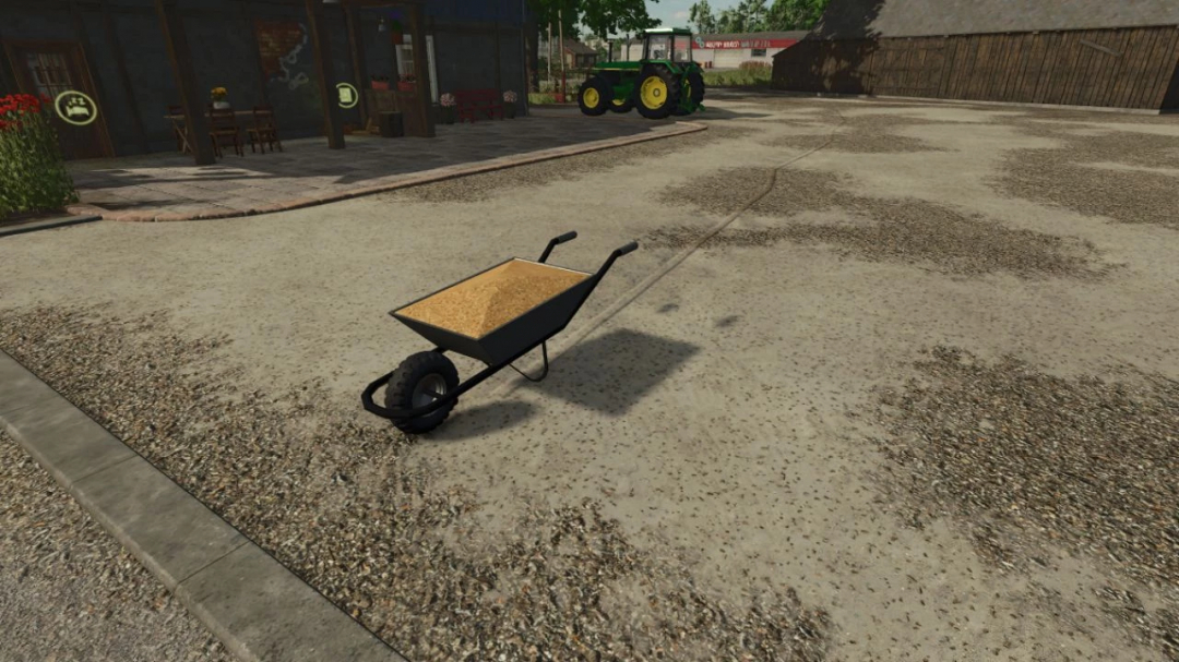 Talicska Wheel Barrow mod in FS25, featuring a wheelbarrow on a farm task scene.