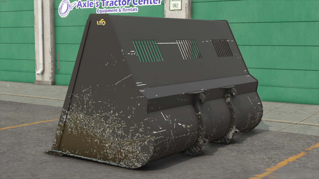 UFO Light Material Bucket mod for Farming Simulator 25 in front of Axle's Tractor Center.