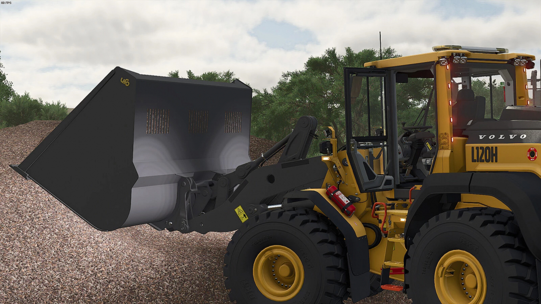 FS25 mods: UFO Light Material Bucket attached to a loader in Farming Simulator 25.