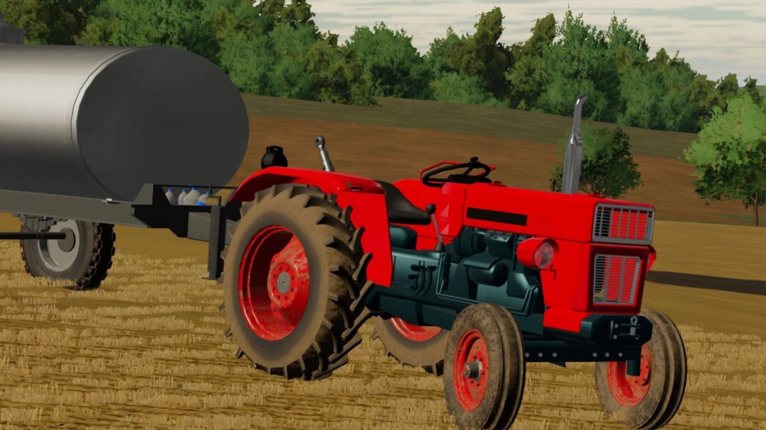 FS22 mod Universal 445 tractor with trailer in a field, Farming Simulator 22.