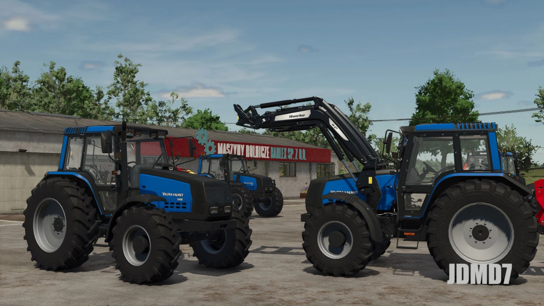 Valmet 6400 tractors in FS25 mod, showcasing blue tractors with front loaders at a farm.