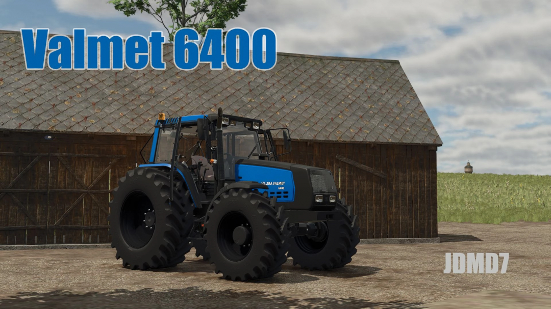 Valmet 6400 mod for FS25 showing a blue tractor in front of a barn.