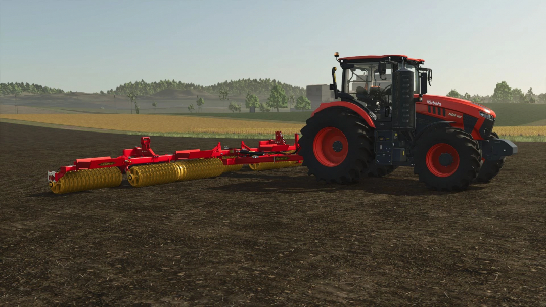 FS25 mod Väderstad Rexius 1230 v1.0.0.0 attached to a tractor on a field.