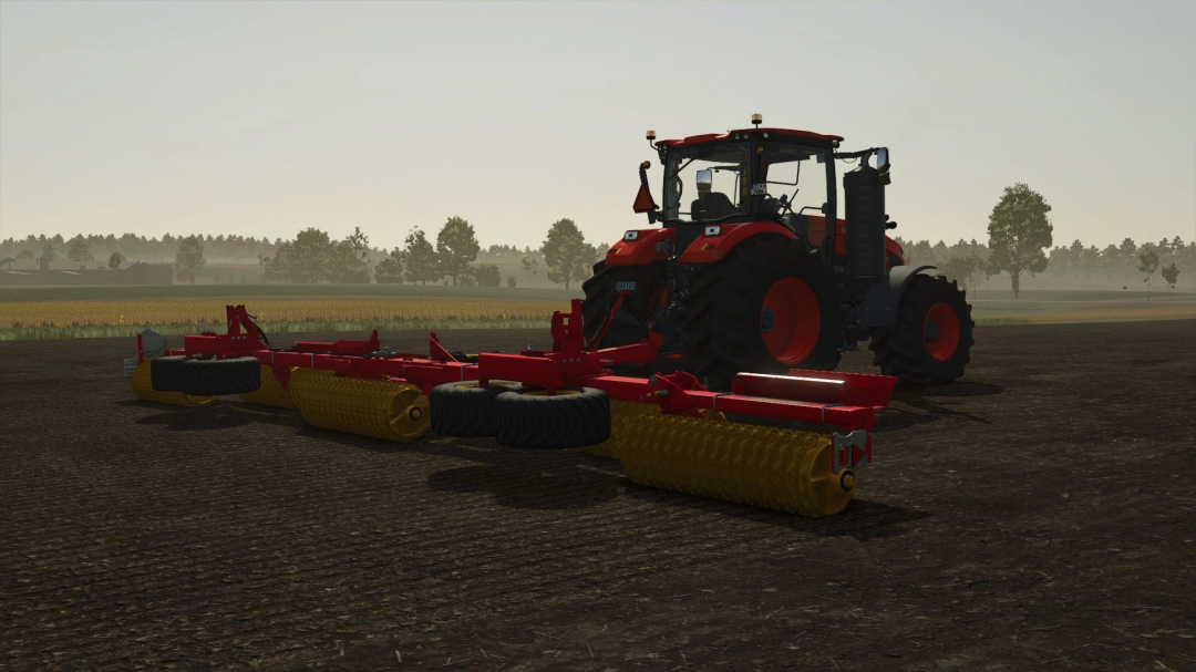 FS25 mod Väderstad Rexius 1230 v1.0.0.0 with a red tractor in a farming field in Farming Simulator 25.