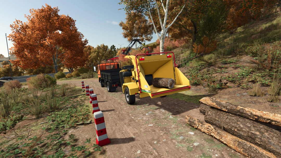 FS25 mod Vermeer BC 1000 XL v1.0.0.0 in use, chipping logs in a scenic forest setting.