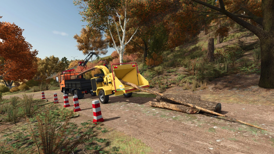 FS25 mod Vermeer BC 1000 XL in action, chipping wood logs near forest in Farming Simulator 25.