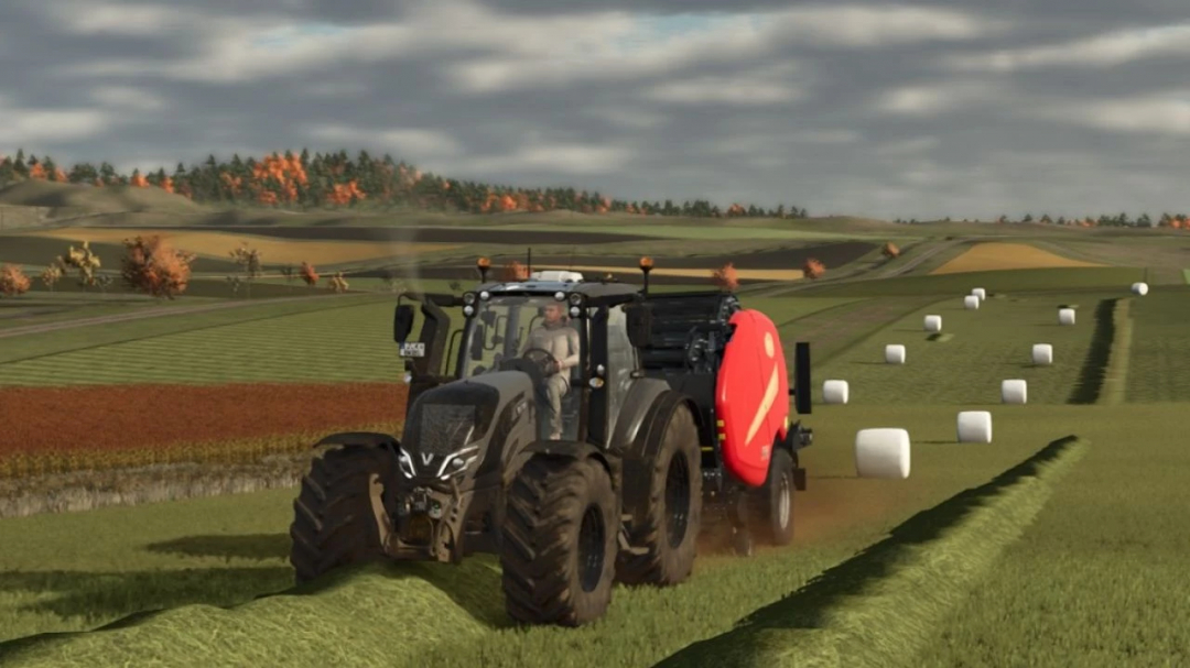 FS25 mod Vicon Fastbale SPEED v1.0.0.0 in action on rolling fields, showcasing efficient baling.