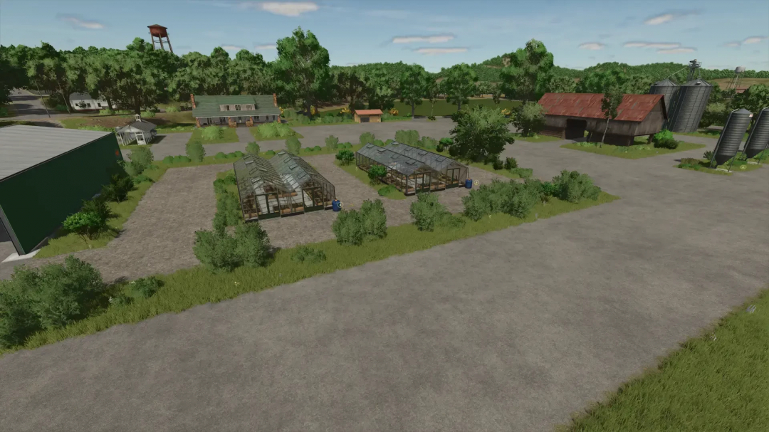 FS25 Volksbend Map v1.0.0.3 features a farming village with greenhouses, silos, and barns.