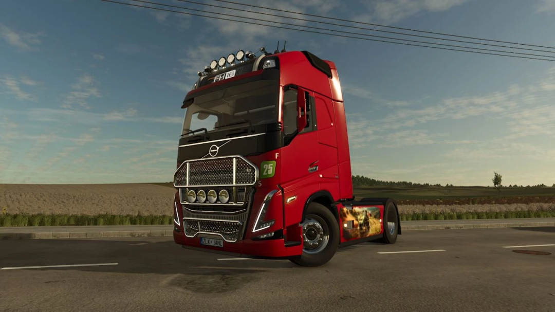 Volvo FH16 Edit v1.0.0.0 mod for Farming Simulator 25, showcasing a red truck with detailed customization.