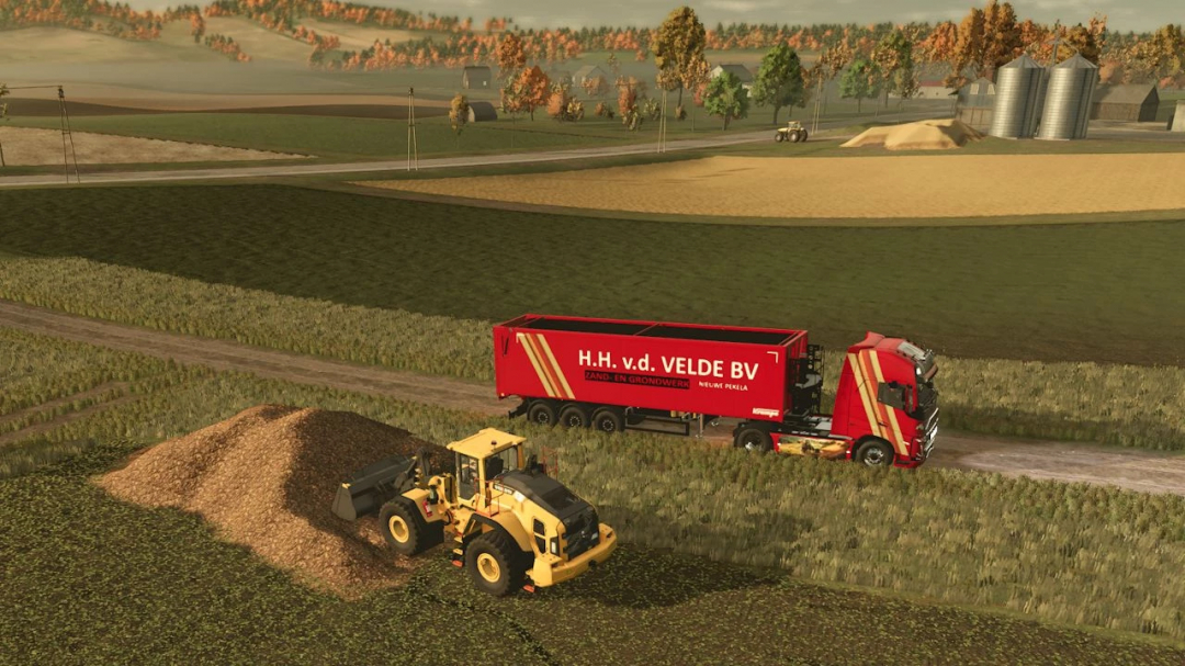 Volvo FH16 truck and loader in a farm setting in FS25 Volvo FH16 Edit mod.