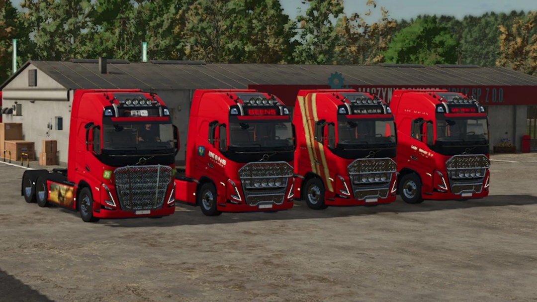 FS25 mod Volvo FH16 Edit v1.0.0.0 showcasing four red trucks with custom designs parked on a farm.