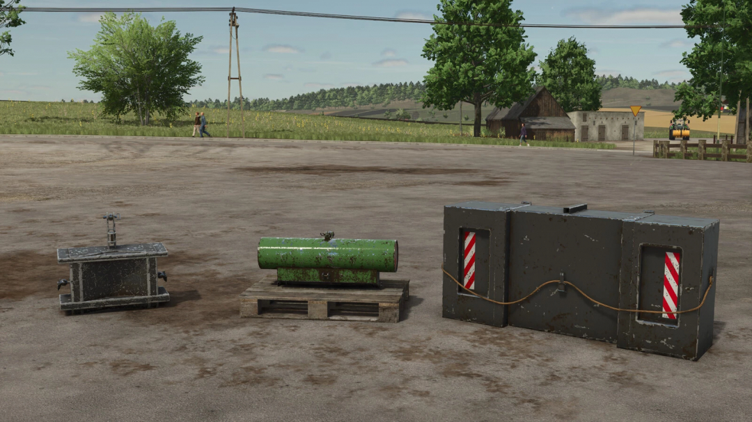 Weights from Weight Pack v1.0.0.0 mod in FS25 on a farm landscape.