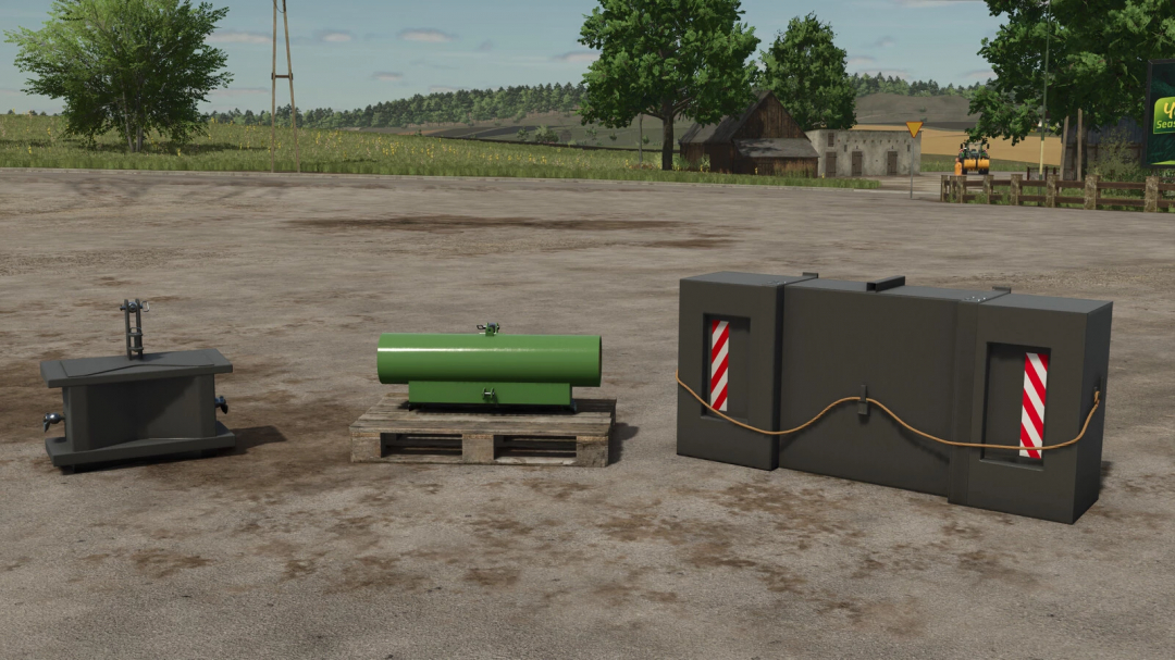 FS25 Weight Pack v1.0.0.0 mod showing three different tractor weights in a farm setting.