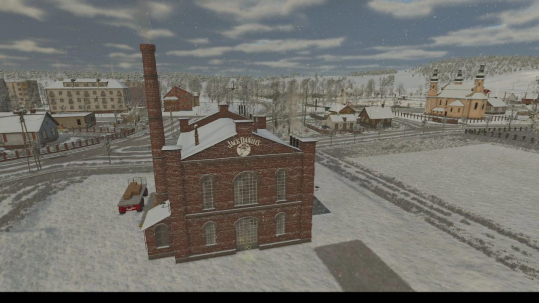 FS25 whiskey factory mod in a snowy winter landscape showcasing a brick building and smokestack.